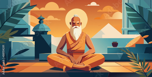 Elderly guru with a long white beard is sitting in lotus pose, meditating against a backdrop of mountains and a blue sky
