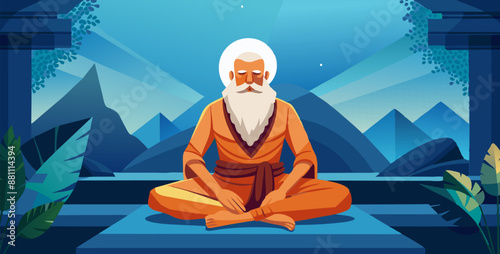 Man exercise meditation in lotus pose or guru practicing yoga for improve mental health and achieve a state of relaxation and calm, leisure and calmness