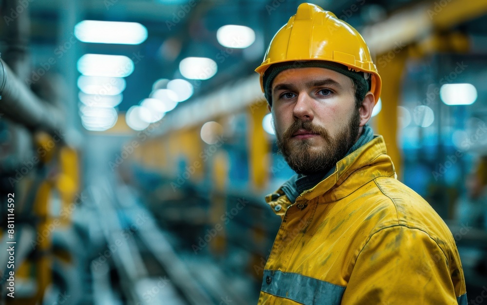 A man in a yellow jacket and a hard hat is standing in a factory. He looks serious and focused A man in a yellow jacket and a hard hat is standing in a factory. He looks serious and focused