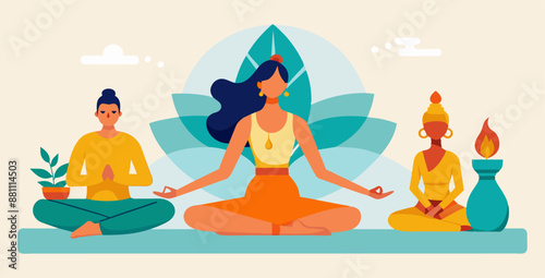 People are sitting in lotus pose, meditating and practicing mindfulness to relieve stress and improve their mental health