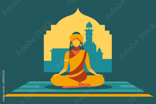 Young woman practicing yoga at sunset in a temple in india, finding peace and balance in her meditation