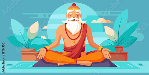 Elderly man with a long white beard peacefully meditating in a yoga pose outdoors under a sky filled with fluffy clouds, exuding tranquility and mindfulness