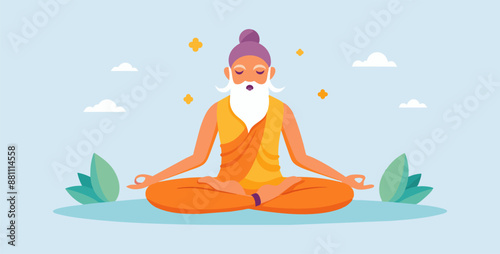 Indian guru meditating in lotus position, surrounded by plants and a full moon. This image evokes peace and tranquility