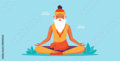 Indian guru meditating in lotus position, surrounded by plants and a full moon. This image evokes peace and tranquility