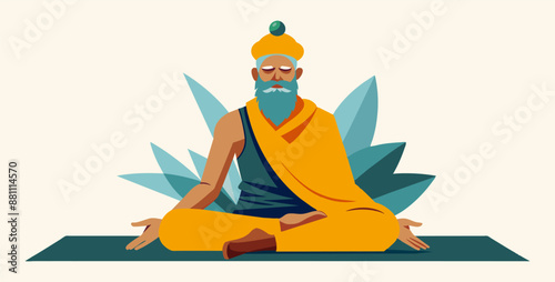 Elderly guru with a long white beard is sitting in lotus pose, meditating against a backdrop of mountains and a blue sky