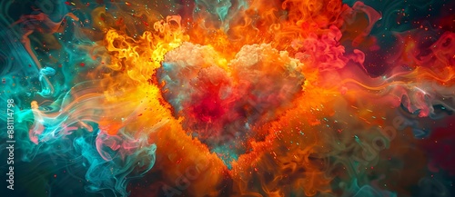 Abstract Background with Colorful Heart Shape and Explosion Effect - Love Concept for Valentine's Day, Weddings, and Events - 3D Digital Art Illustration