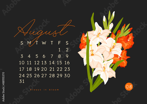 Horizontal calendar page for august 2025 with summer gladiolus flower. Isolated on black background. Week starts on Sunday. Vector illustration flat cartoon plant
