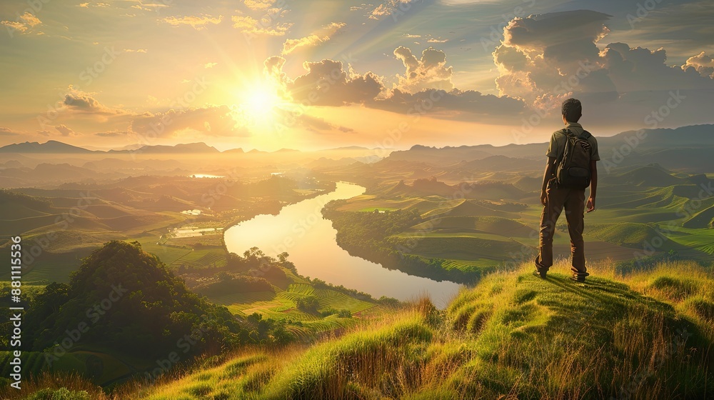 Man with backpack standing on the top of mountain and enjoying the view. Travel concept. Achieving your dreams. Digital art in watercolor style. Illustration for cover, card, interior design or print. Man with backpack standing on the top of mountain and enjoying the view. Travel concept. Achieving your dreams. Digital art in watercolor style. Illustration for cover, card, interior design or print.