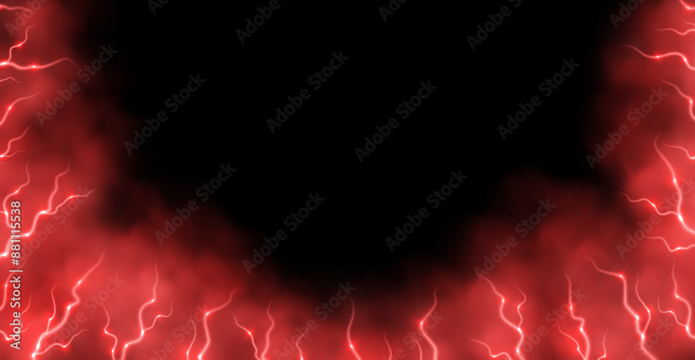 Red smoke with lightnings abstract background, thunderbolts and vapor, lightning in red fog. Neon haze with energy charges. Vector illustration.