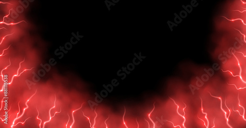 Obraz na płótnie Red smoke with lightnings abstract background, thunderbolts and vapor, lightning in red fog. Neon haze with energy charges. Vector illustration. w salonie