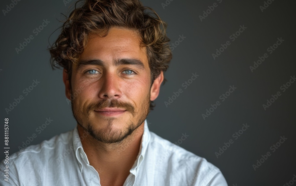 A man with a beard and blue eyes is smiling for the camera. He is wearing a white shirt and looking directly at the camera A man with a beard and blue eyes is smiling for the camera. He is wearing a white shirt and looking directly at the camera