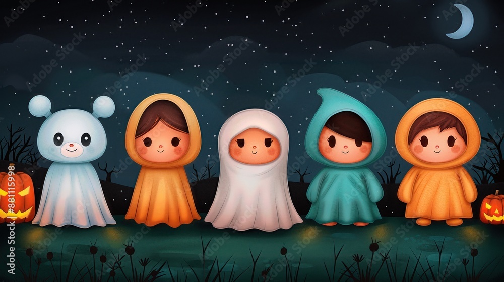 Obraz premium Cute Kids in Halloween Costumes Under the Moonlight