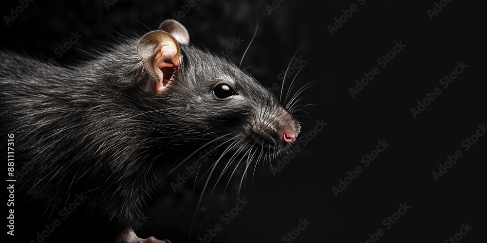 A black rat with pink nose and large ears looks to the right A black rat with pink nose and large ears looks to the right