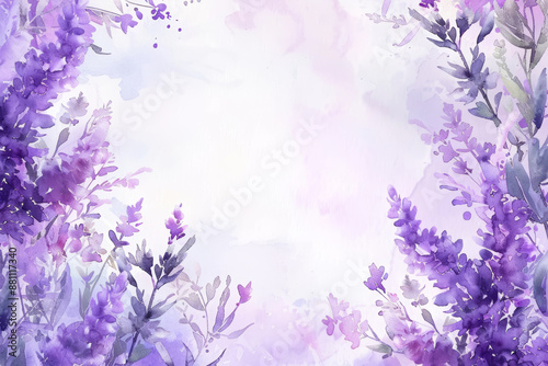 Watercolor illustration, lavender and lilac flowers framing the edges, pale lavender copy space in the middle, soft focus background