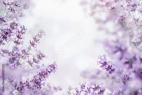 Watercolor illustration, lavender and lilac flowers framing the edges, pale lavender copy space in the middle, soft focus background