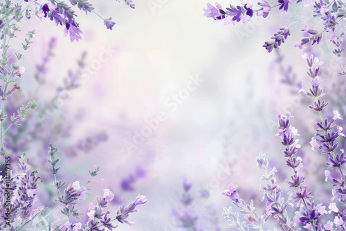  illustration, lavender flowers framing the edges, pale lavender copy space in the middle, soft focus background