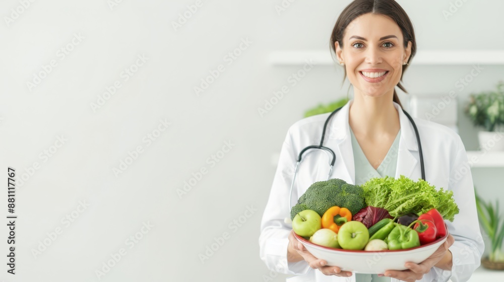 Doctor holding a bowl of fresh green vegetables, symbolizing the importance of nutrition and health in a medical context, isolated on teal. Doctor holding a bowl of fresh green vegetables, symbolizing the importance of nutrition and health in a medical context, isolated on teal.