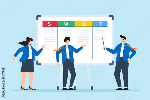 Vector illustration of business people mapping out SWOT analysis on whiteboard strategic planning