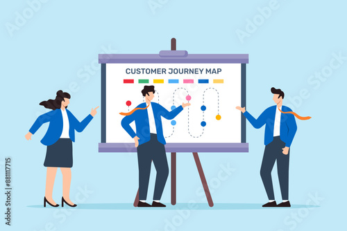 Vector illustration of team discussing customer journey map on whiteboard user experience design