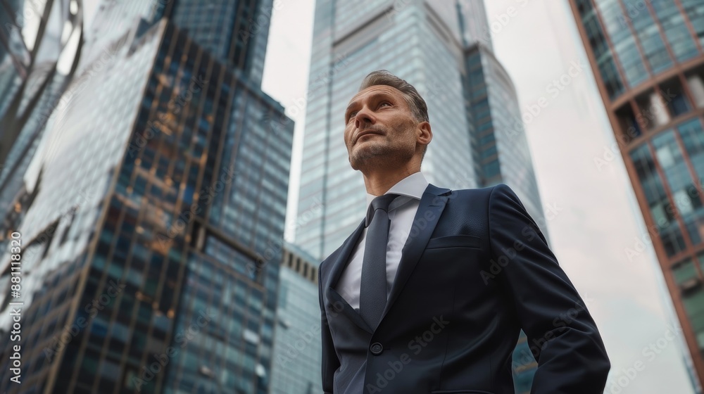 Handsome mature businessman in a suit against the background of modern skyscrapers