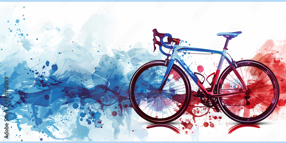 Fototapeta premium A blue, white, and red bicycle stands against a watercolor background