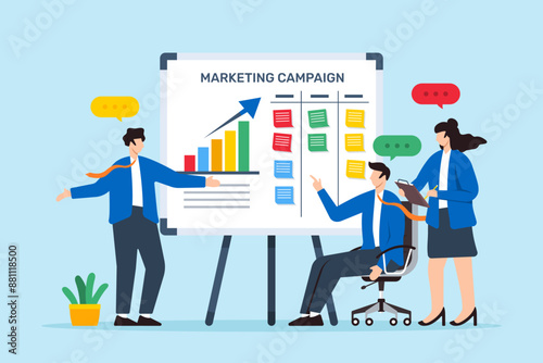Vector illustration of team strategizing marketing campaign on whiteboard with sticky notes promotional tactics