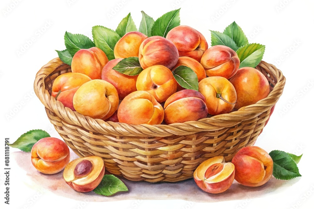Isolated apricots, peaches. Fresh whole apricot, peach fruit with leaf in a basket isolated on white background with clipping path Isolated apricots, peaches. Fresh whole apricot, peach fruit with leaf in a basket isolated on white background with clipping path