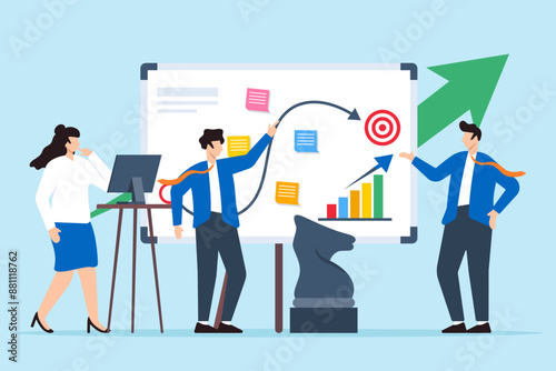 Vector illustration of team developing sales strategy with sticky notes on whiteboard revenue growth