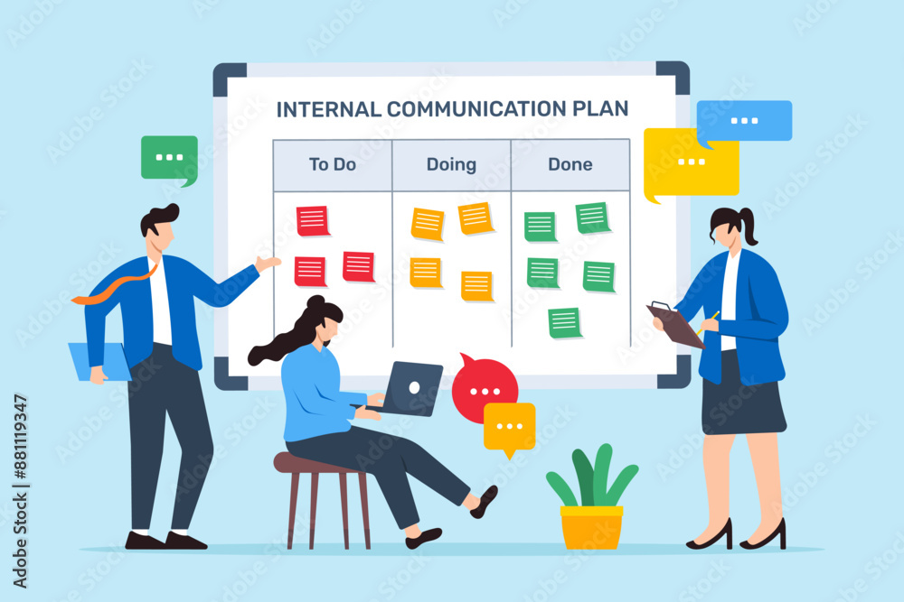 Vector illustration of team developing internal communication plan with sticky notes on whiteboard information flow Vector illustration of team developing internal communication plan with sticky notes on whiteboard information flow