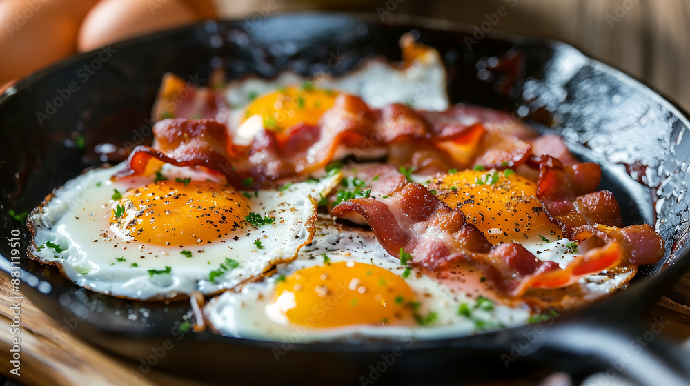 Sautéed eggs and meat in a cast iron pan, closeup shot, high resolution photography Sautéed eggs and meat in a cast iron pan, closeup shot, high resolution photography