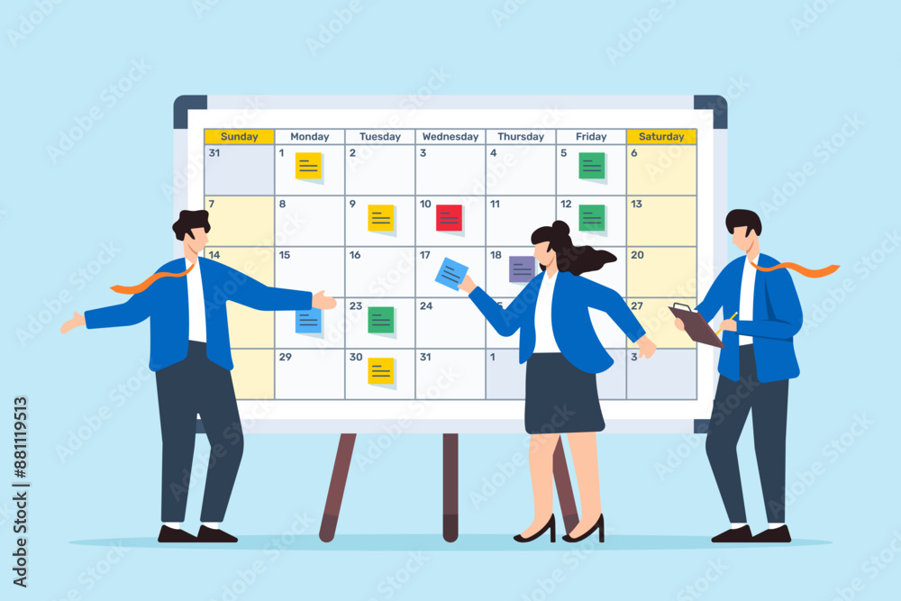 Vector illustration of colleagues developing content calendar with sticky notes on whiteboard editorial planning Vector illustration of colleagues developing content calendar with sticky notes on whiteboard editorial planning