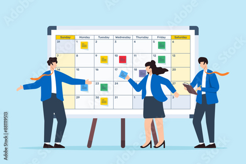 Vector illustration of colleagues developing content calendar with sticky notes on whiteboard editorial planning