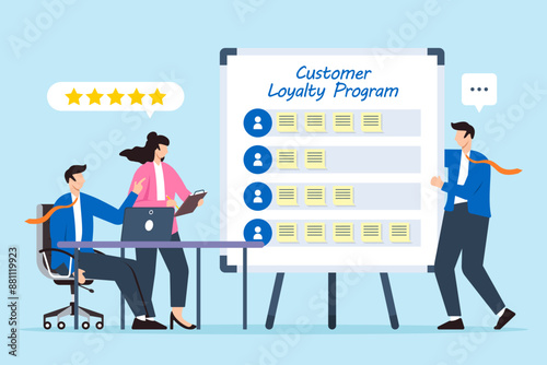Vector illustration of business team meeting discussing loyalty program with sticky notes on whiteboard