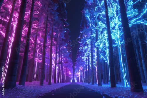 A supernatural scene showcases enchanted forests where trees with crystalline trunks and radiant leaves form pathways of light