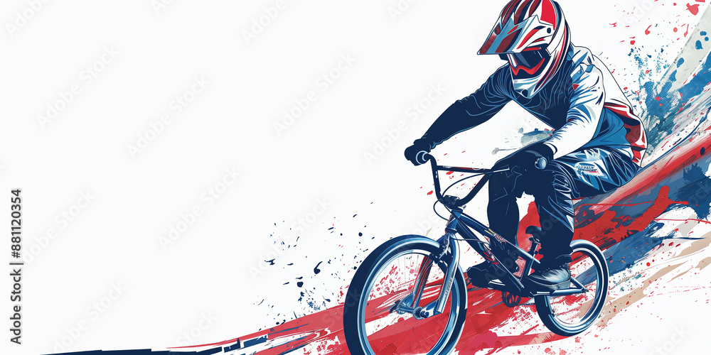 Fototapeta premium A BMX racer, wearing a helmet and protective gear, races down a track