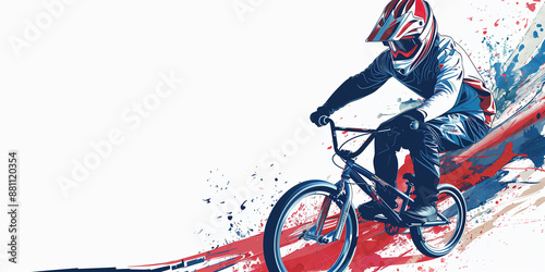 A BMX racer, wearing a helmet and protective gear, races down a track