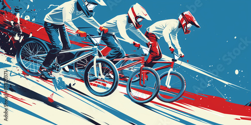 Three BMX racers speed down a colorful track