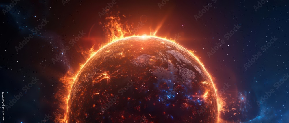 Obraz premium A supernatural scene unveils a sun that projects holographic images of distant realms and mystical creatures