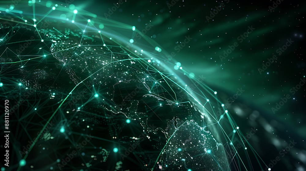 Glowing green digital world with circuit board and data transfer