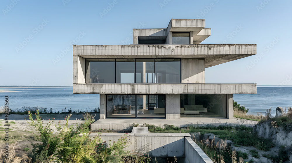 a brutalist house made from concrete placed in the Polish seaside landscape a brutalist house made from concrete placed in the Polish seaside landscape