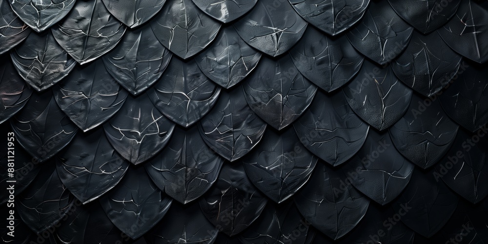 Fototapeta premium Abstract background with dragon scales and dark backdrop with light texture, minimalistic design, matte texture.