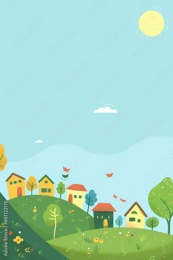 Naklejka premium Simple illustration of houses on a hill with a blue sky and sun