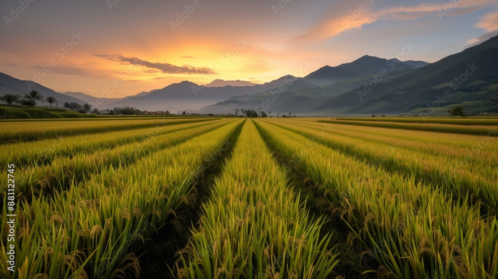 Obraz premium Rows of golden rice field at sunset in the mountains