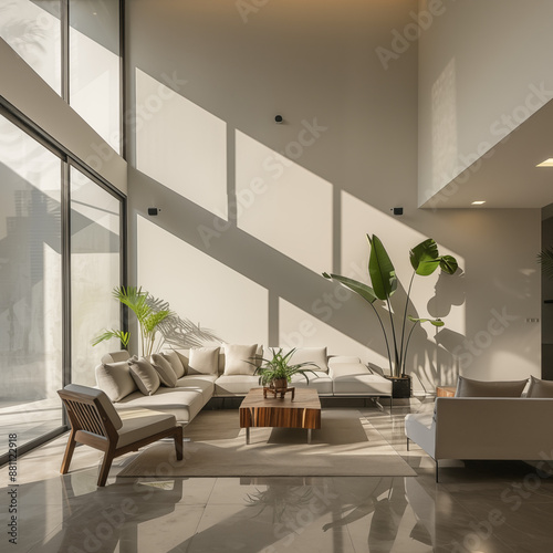 Clean light flooded white living room with a high ceiling 