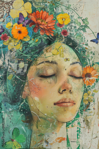 Painting of a woman with flowers in her hair, garden setting with copy space for book cover