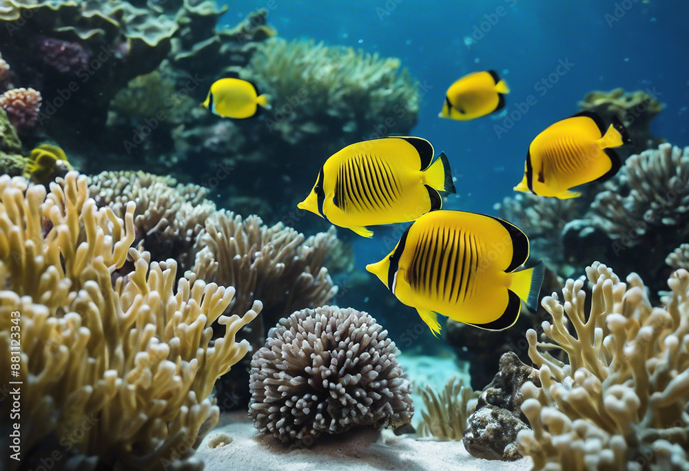 Naklejka premium A group of exotic fish underwater near the corals