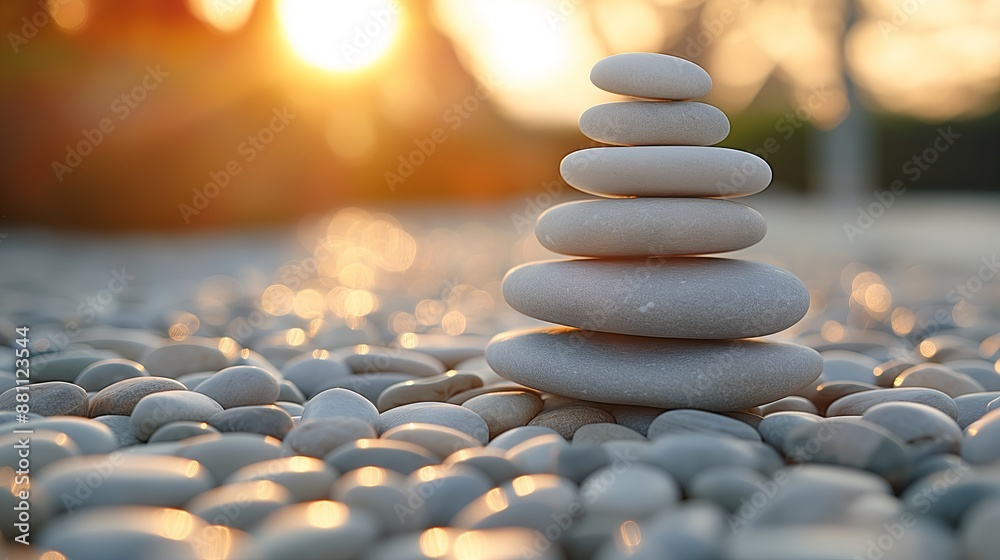 Obraz premium Stacked white stones at sunset, perfect for relaxation and wellness content, with copy space