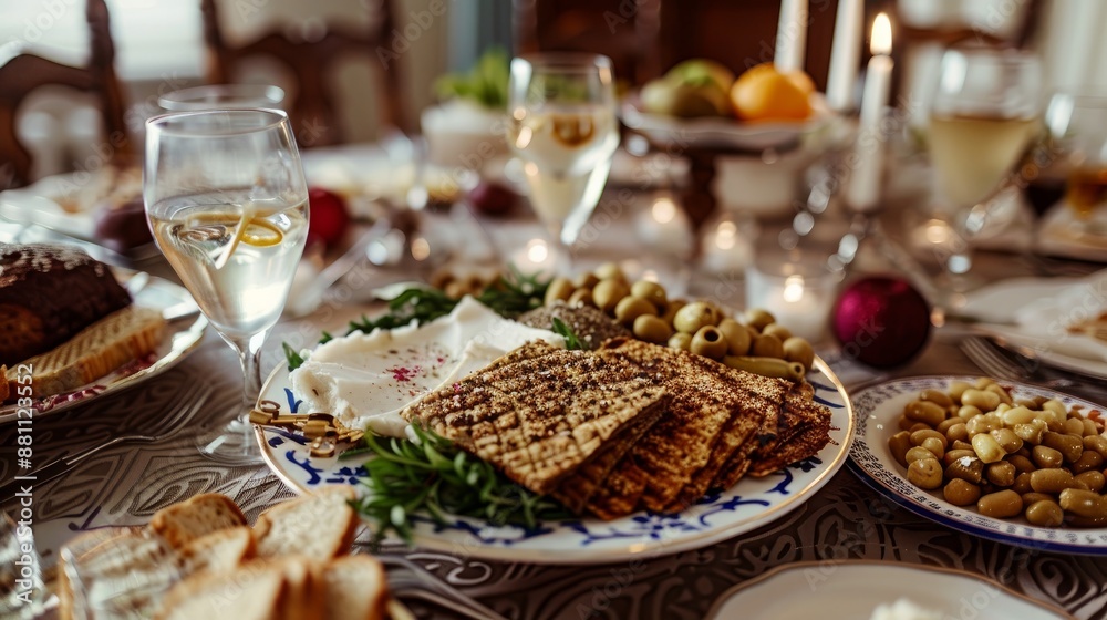 Typical Passover fare is arranged on the table for dinner. Typical Passover fare is arranged on the table for dinner.