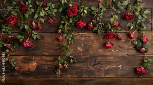 Preserved roses as decoration on wooden backdrop