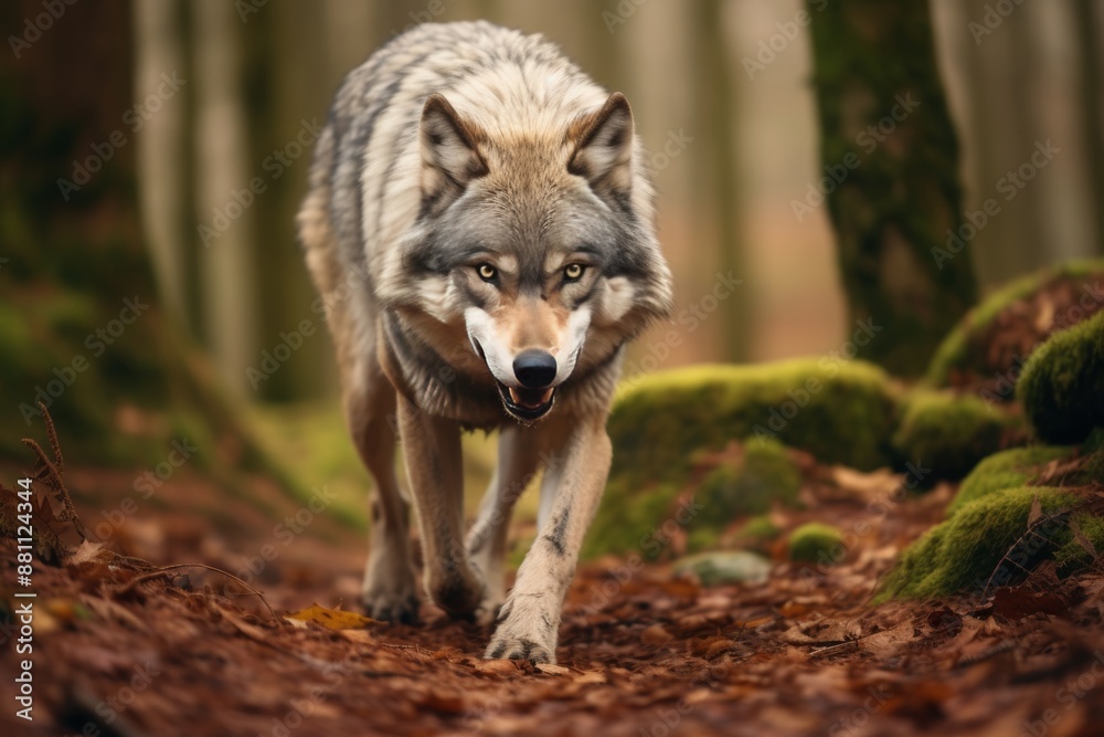 Fierce solitary wolf displaying aggression on forest trail, frontal view ready to strike Fierce solitary wolf displaying aggression on forest trail, frontal view ready to strike